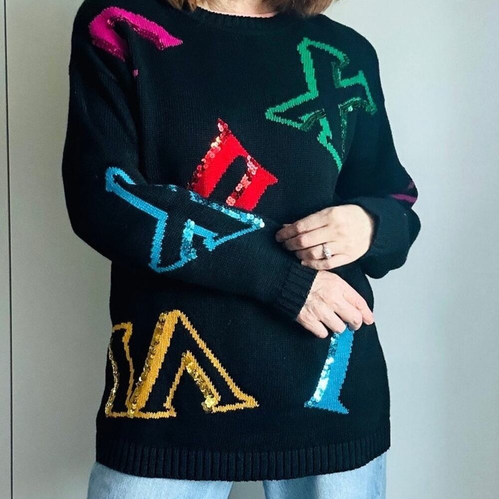 Vintage 90s Sweater Chaus Sport Size   Black Sequin Roman Numerals Unique